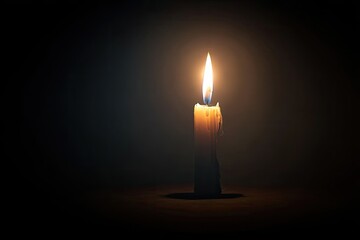 Isolated, lit candle with melting wax against a dark, smoky background, radiating warm light