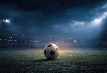 A soccer ball rests center field under stadium lights and a dramatic, cloudy sky