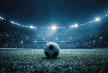 Close-up of a soccer ball on a green field in a packed stadium under stadium lights