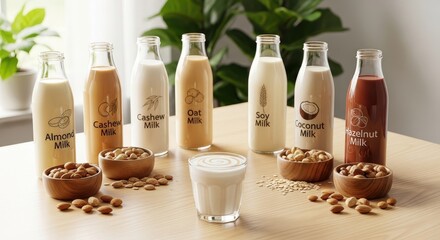Variety of plant-based milk options in glass bottles demonstrating a healthy lifestyle