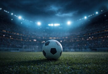 A soccer ball sits on the illuminated green pitch in a stadium under a dramatic, clouded night sky