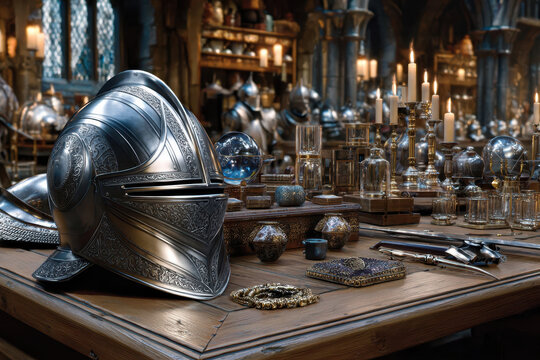 Close-up of medieval armor, weapons, and artifacts on a wooden table in a historical scene