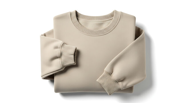 Neatly folded beige crewneck sweatshirt isolated on white background. Blank cotton fleece pullover mockup for apparel design. Casual comfortable loungewear stack top view.