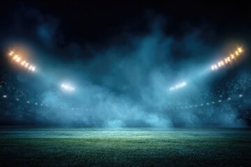 A brightly lit stadium scene at night with fog and focused spotlights shining down