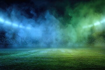 Stadium illuminated by blue and green lights; smoke drifts across a green field