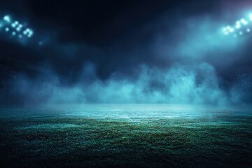 A night scene of a sporting field bathed in cool blue light, with hazy fog enveloping the grass