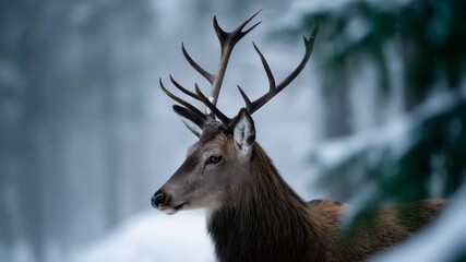 4K majestic male deer standing in a snowy winter forest, captured in a dramatic, cinematic close-up. the deer faces forward, centered in the frame, with impressive wide antlers branch - Powered by Adobe