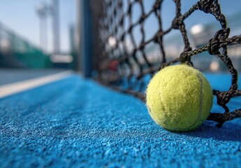 A close-up of a tennis ball near the net on a vibrant blue court. Selective focus used