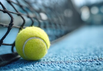 Close-up shot showing a tennis ball on a blue court, with a black net