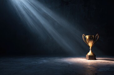 A gold trophy stands centered on a dark surface, lit by a beam of light