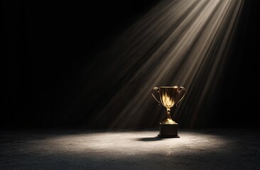 Golden trophy on pedestal illuminated by dramatic light rays against a black background