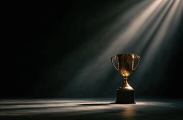 Golden trophy on a pedestal, illuminated by a spotlight against a dark, hazy background