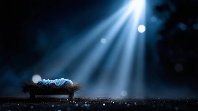 4K mystical nighttime nativity-inspired scene set in a deep, dark blue landscape. at the center stands a simple wooden manger illuminated by a powerful celestial light descending from