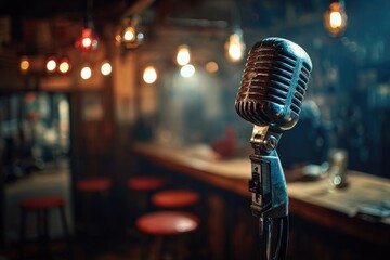 Vintage microphone dominates a dimly lit bar scene with hanging lights and stools