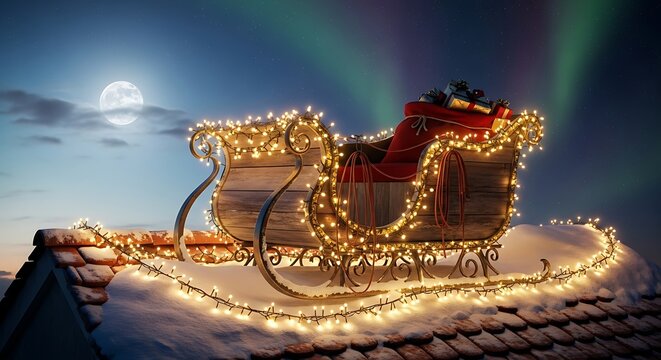 Santa's sleigh on a snowy rooftop under the moonlight and aurora borealis sky