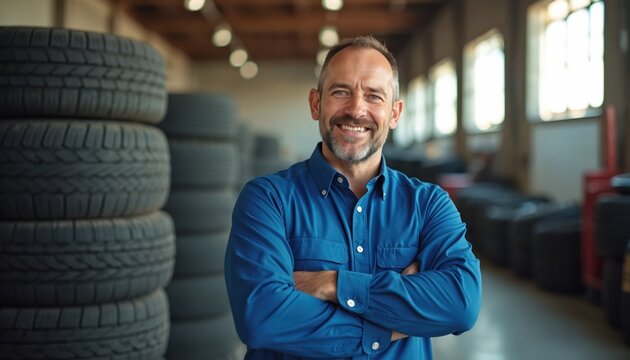 Smiling mechanic with folded arms stands near stacks of car tires. He wears a blue work shirt in a garage setting. Expertise in vehicle wheels and auto service is evident.