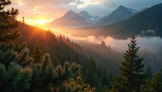Golden morning sun illuminates vast mountain landscape. Dewy pine tree branches glisten, sparkle with light. Thick mist fills valley floor covering evergreen forest tops. Distant snow capped peaks