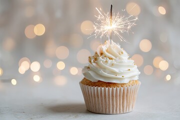 A single celebratory cupcake with white frosting, gold sprinkles, and a sparkling firework on top