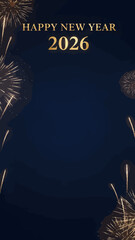Happy New Year 2026 with fireworks on a dark blue background.