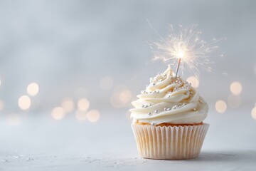 A frosted cupcake with a sparkling candle, festive, against a soft bokeh background