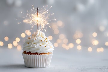 A frosted cupcake in a paper cup, topped with a sparkler, against a bokeh background