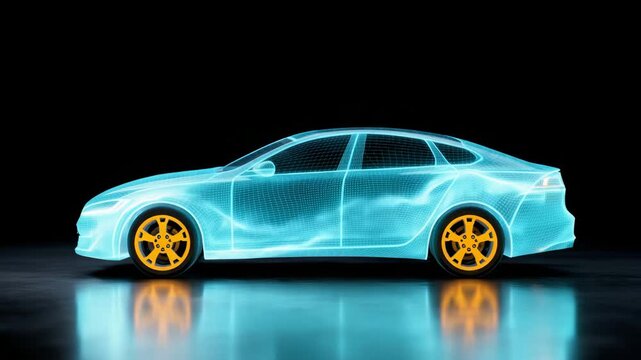 4K side-view silhouette of a modern electric car, created with bright neon lines
