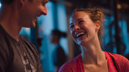 Two people laughing and interacting in a gym setting