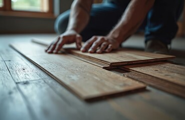 Worker installs wooden laminate floor. Man hands lay brown parquet boards during home renovation. Carpenter fits planks for house interior improvement. Handyman at construction job professional floor