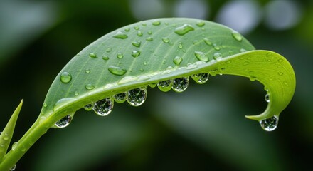 Fototapeta premium Water droplets reflecting light on a green leaf