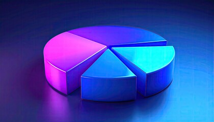 Vibrant 3D pie chart, split into three sections of bright, glowing colors, purple, blue, and a mix. Dark, reflective background
