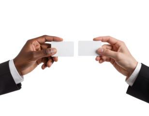 Group of multicultural office workers exchanging business cards, isolated on a transparent background, PNG