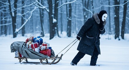 Person in mask pulling sled full of christmas gifts through snowy winter forest
