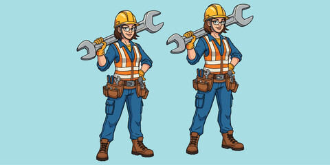 Female construction worker cartoon, safety gear, wrench, confident pose, hard hat, tool belt, vector character, builder woman, flat illustration
