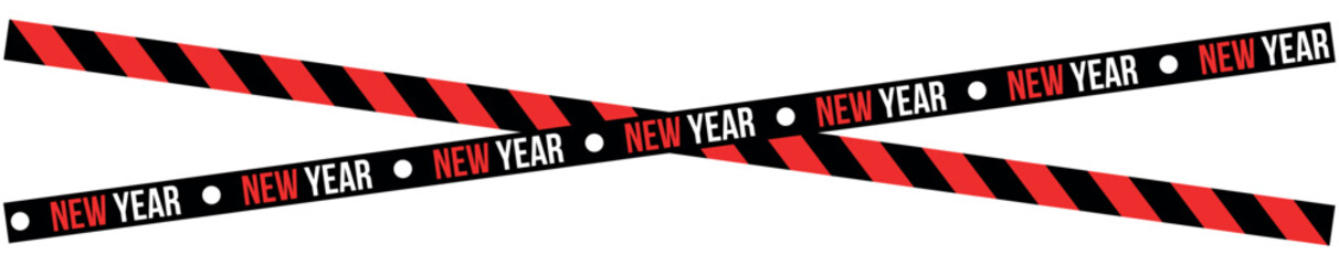 Two crossing black and red striped new year banners with the words new year printed on them on white , ribbons, stripes, tape