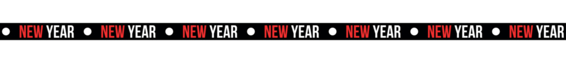 Repeating new year text with alternating red and white colors on a black background with white dots between , ribbons, stripes, tape
