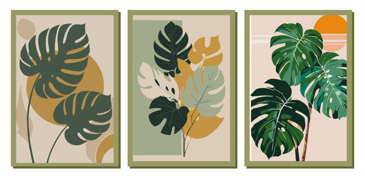Three abstract vector posters featuring Monstera leaves in a boho, minimalist, and mid-century modern style. Great for tropical, botanical, and interior design concepts