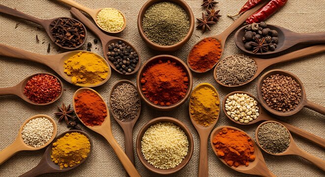 Overhead shot of various colorful spices in wooden bowls and spoons on a burlap cloth - Powered by Adobe