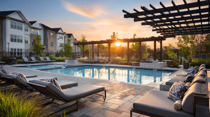Fototapeta premium Sunset View of a Modern Residential Pool Area with Lounge Chairs