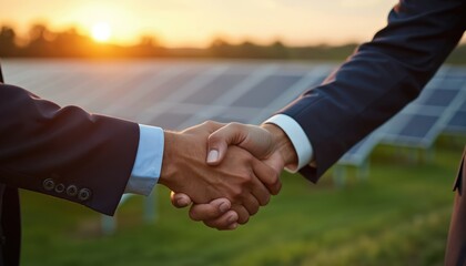 Two business people shake hands near solar panels. Partnership at sunset. Agreement, deal, teamwork and cooperation between professionals in the eco energy industry.