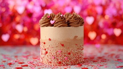 Delicious chocolate cake decorated with hearts for a festive celebration