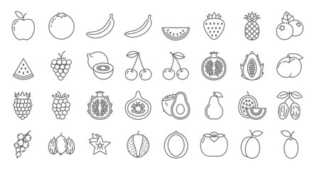 Outline drawing of various fruits, including apples, bananas, and berries.