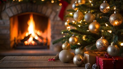 Traditional Christmas setting with a decorated tree and a warm fireplace