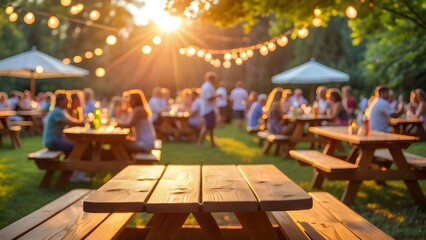 Festive outdoor gathering with people at picnic tables under string lights during a golden sunset