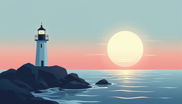 Lighthouse on rocky coast at sunset. Big sun sets over calm ocean sea. Peaceful seaside landscape with beautiful sky colors. Beacon tower stands on stone shore, offering guidance, safety from