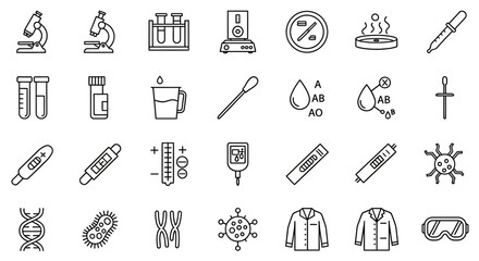 Collection of medical and scientific icons in outline style.