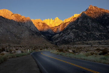 Golden Alpenglow on Mount Whitney Peaks from Whitney Portal Road