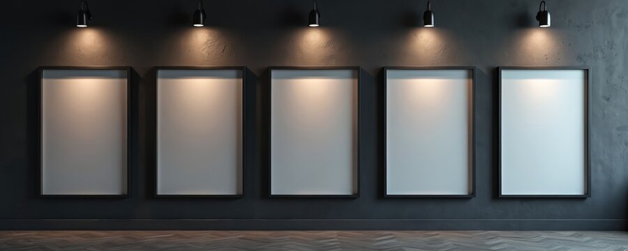 Art gallery interior design photo. Dark wall with five empty picture frames. Spotlights illuminate frames on textured wall. Modern style setting with wooden floor. Blank space for artwork display.