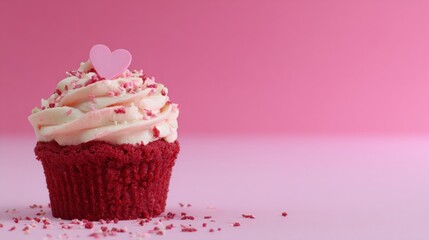 Delicious red velvet cupcake with cream frosting on a pink backdrop
