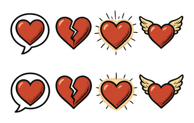 Heart icon set: speech bubble, broken heart, radiant heart, angel wings