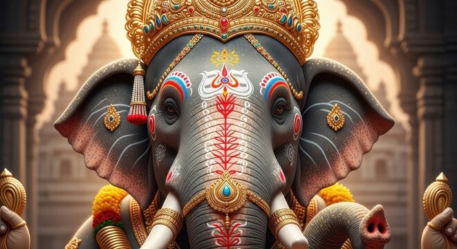 Majestic Ganesha Rendering: A Close-Up on Divine Detail and Ornamentation in a Temple Setting